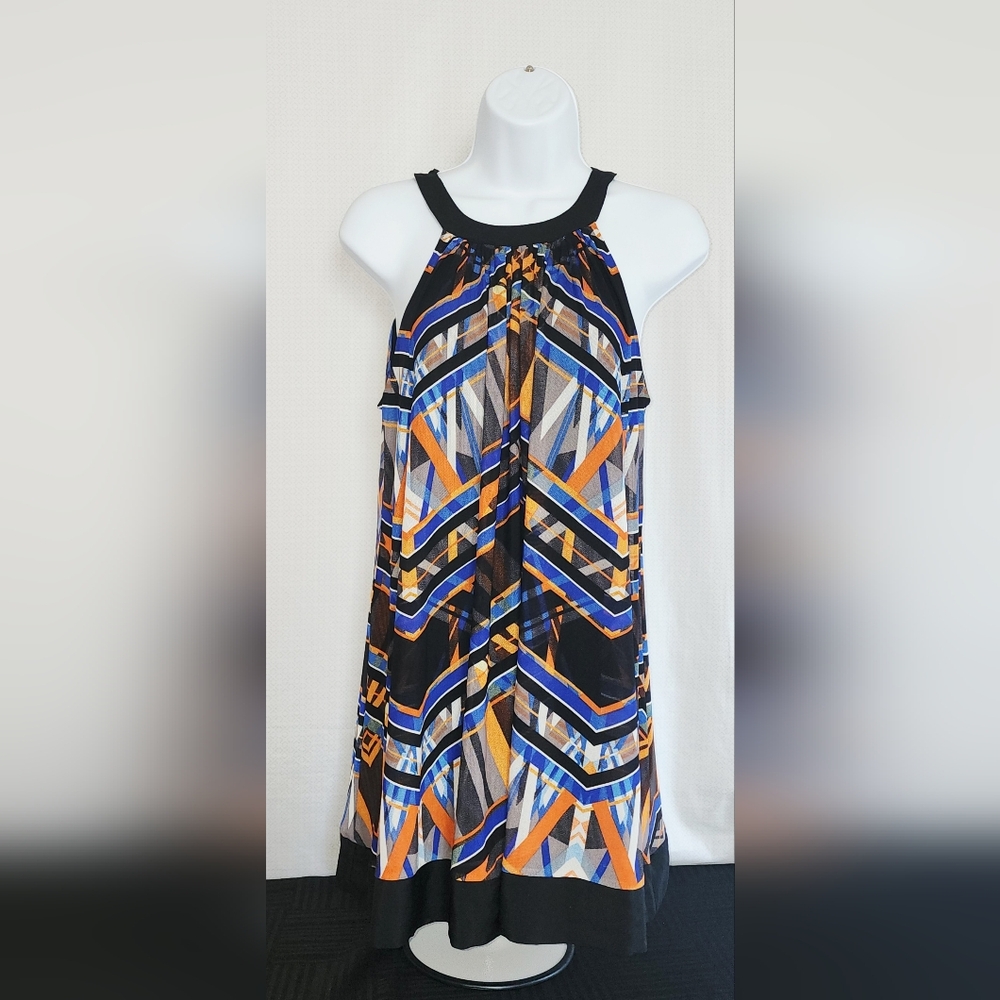 ECI Black and Orange Geometric Halter Dress